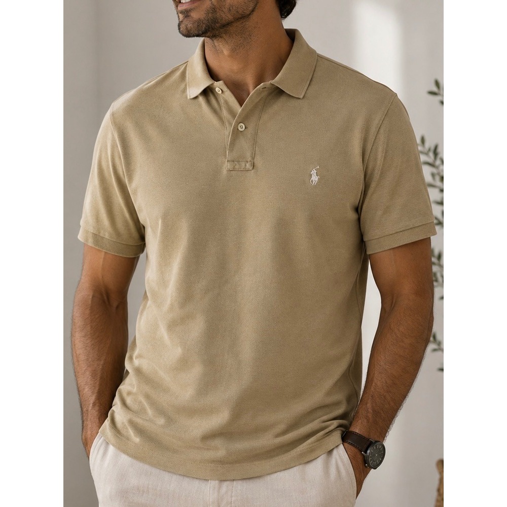 Polo Ralph Lauren Mens Classic Fit Tan Khaki Cotton Pique Polo Shirt Size Large